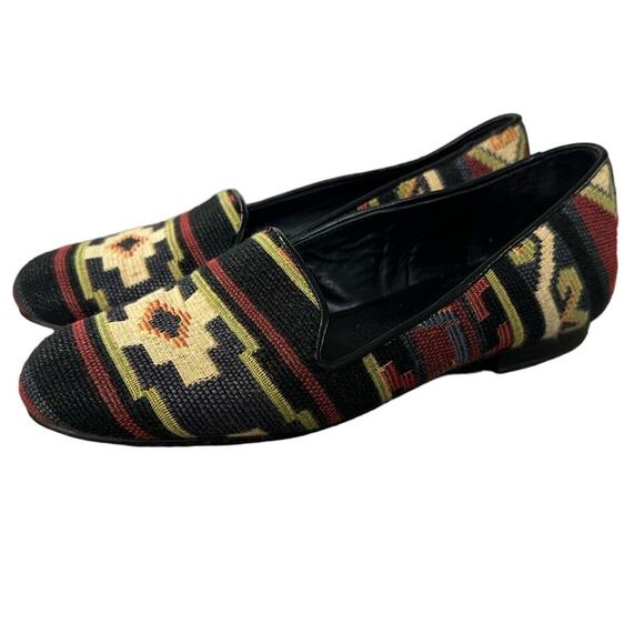 Jon Josef Black Aztec Embroidered Needlepoint Smoking Loafer, Size 5.5 - Picture 1 of 7